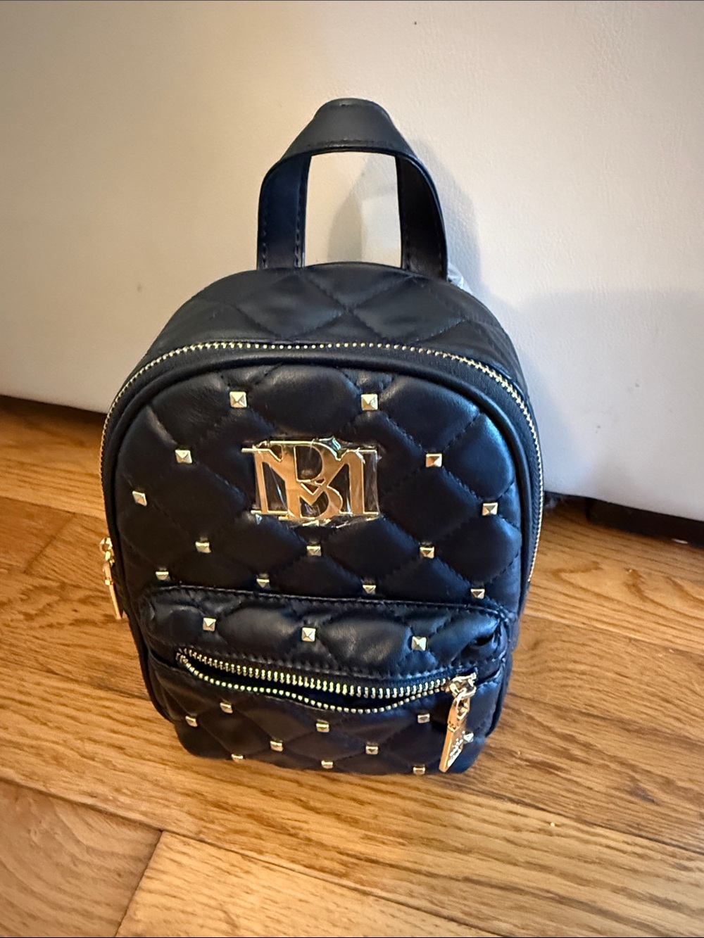 Badgley Mischka Black Quilted Mini Backpack with Gold Hardware